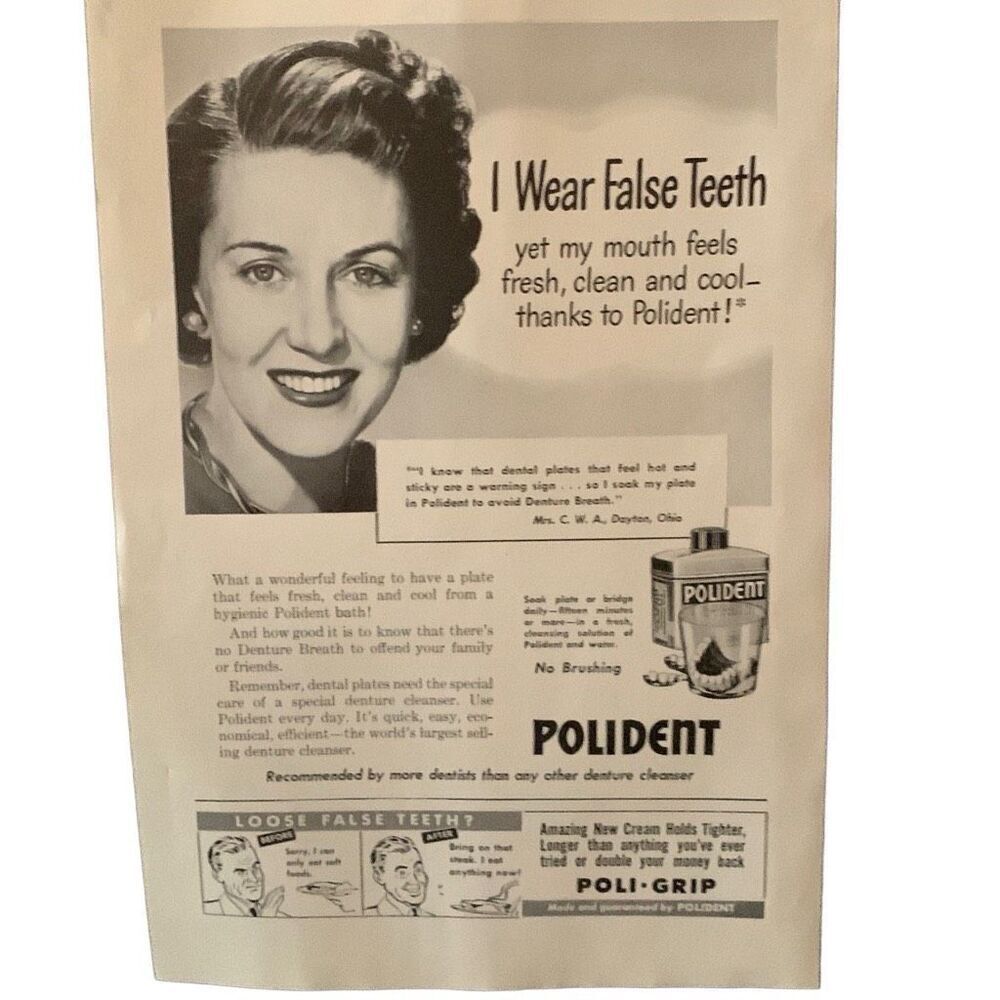 Vintage 1949 Polident Mrs. CWA False Teeth Ad Advertisement